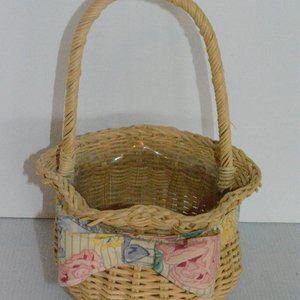 Vintage F.T.D. Wicker Rattan Woven Planter Storage Basket Floral Bow Handle